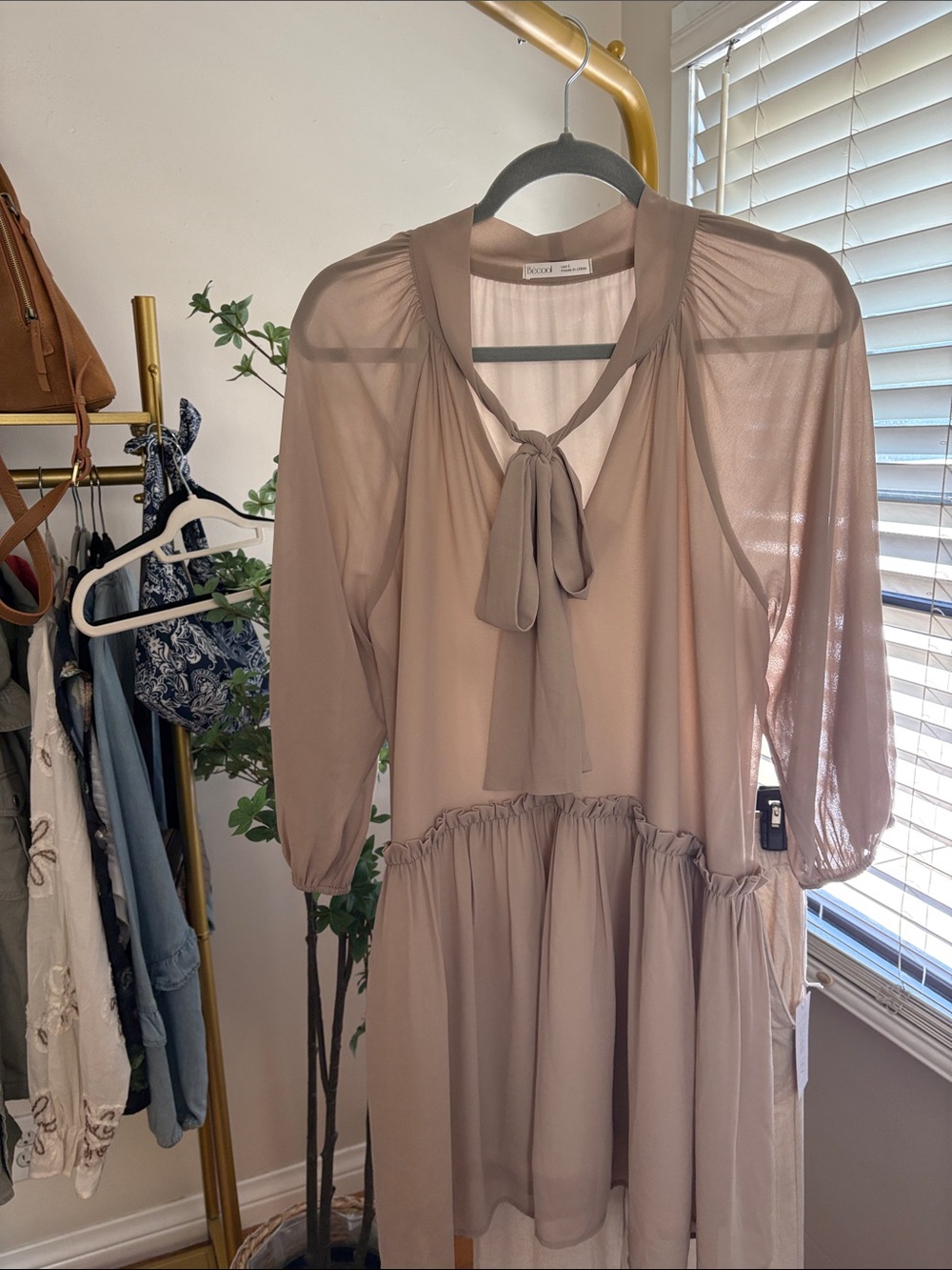 BE COOL Taupe Tie-Neck Midi Dress with Sheer Sleeves